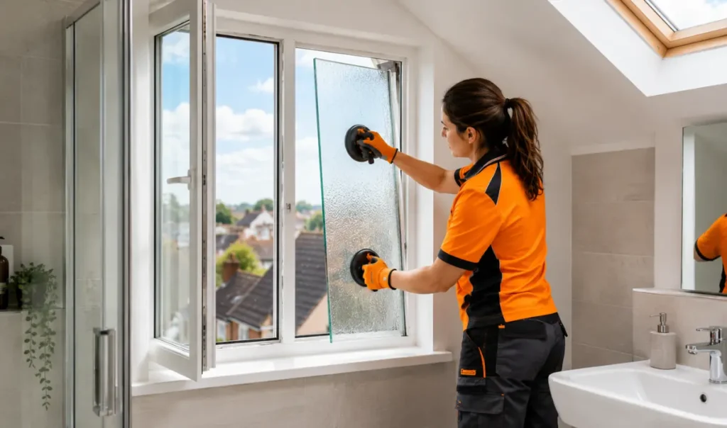 Skilled technician fitting a new decorative glass panel into an upstairs interior door to restore safety and appearance.