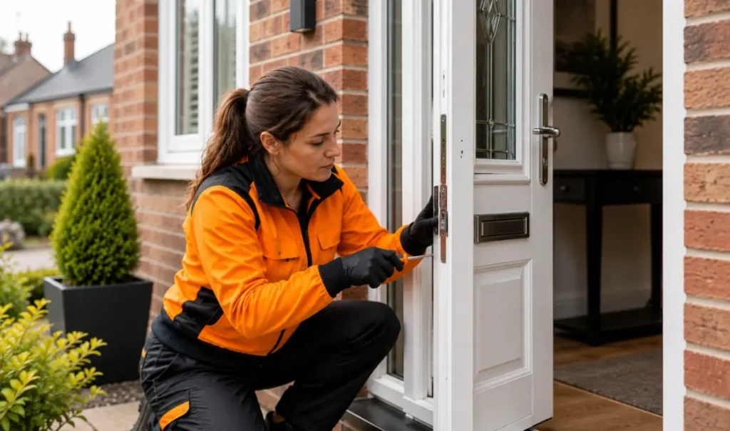 Technician repairing the locking mechanism on a white UPVC front door