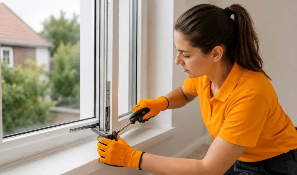 technician adjusting the hinge of an open UPVC window in a modern home