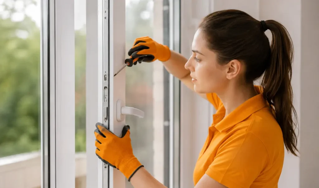 Female window repair technician fixing the lock mechanism on a white UPVC window