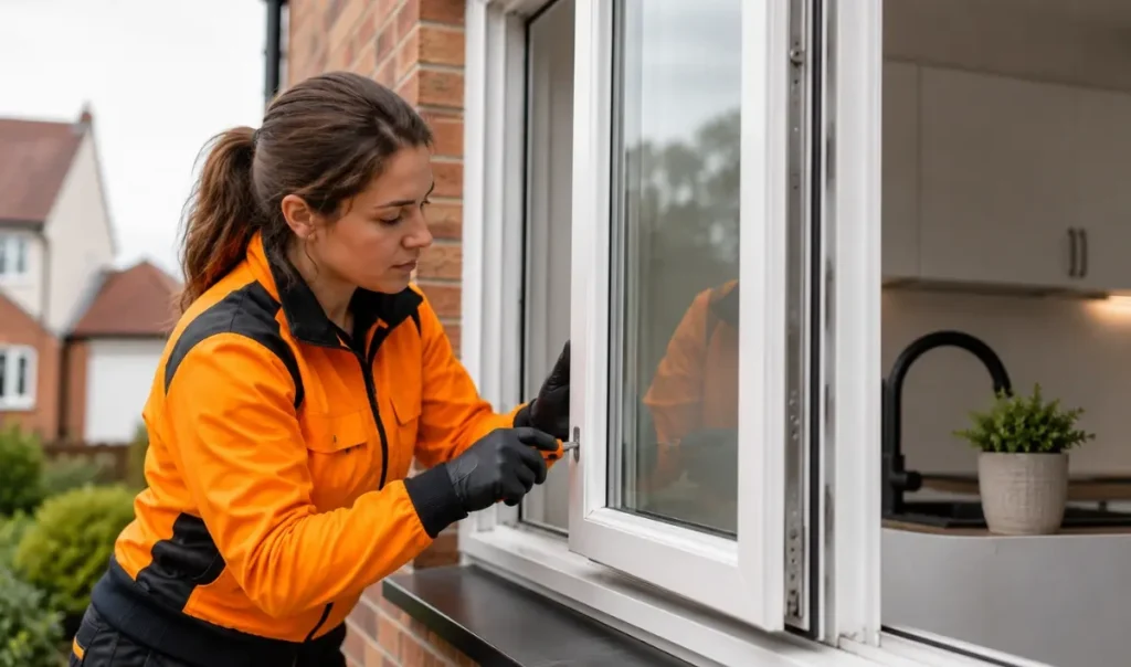 Professional technician repairing the hardware on a white UPVC window