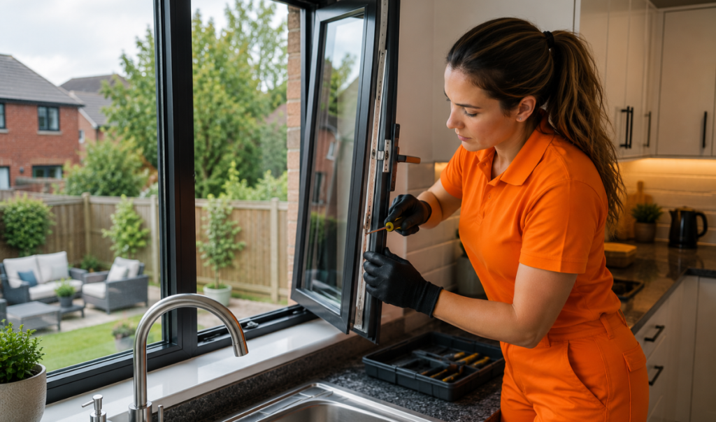 Specialist adjusting the locking mechanism on an aluminium kitchen window in Southampton
