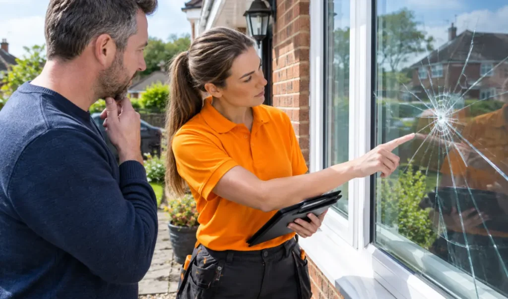 Glazing technician inspecting a damaged double glazed window in Southampton