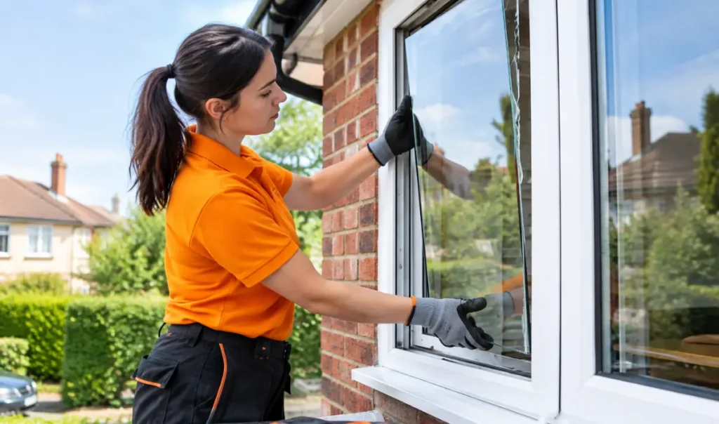 Female technician repairing cracked window glass at a residential property in Southampton