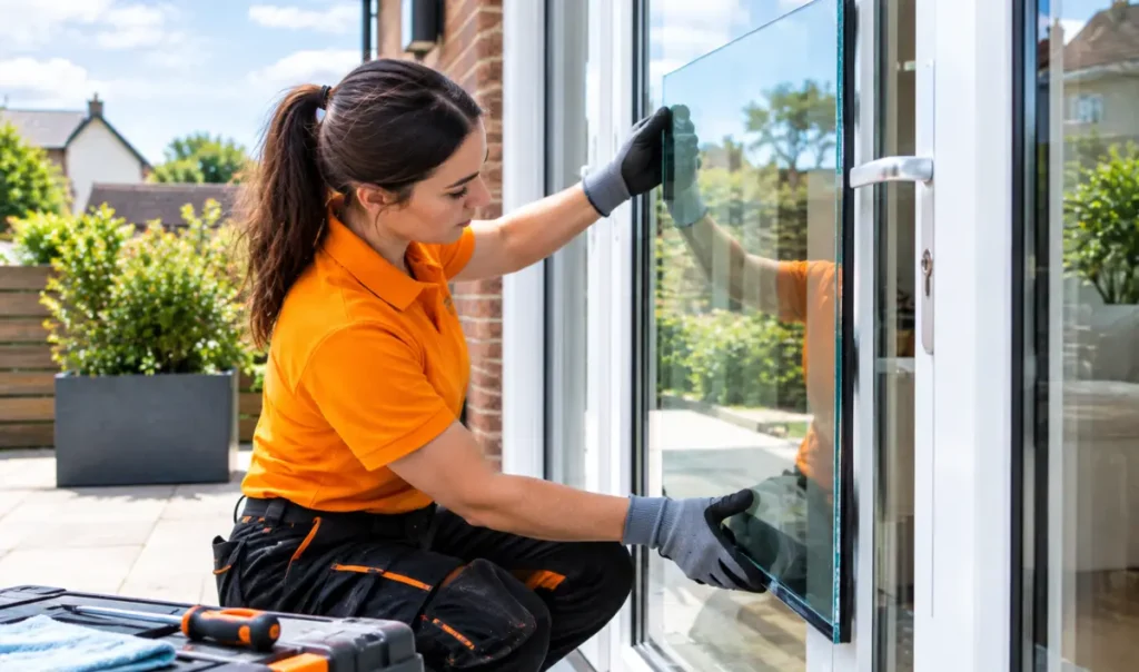 Female glazier replacing damaged glass in a patio door at a Southampton property UK
