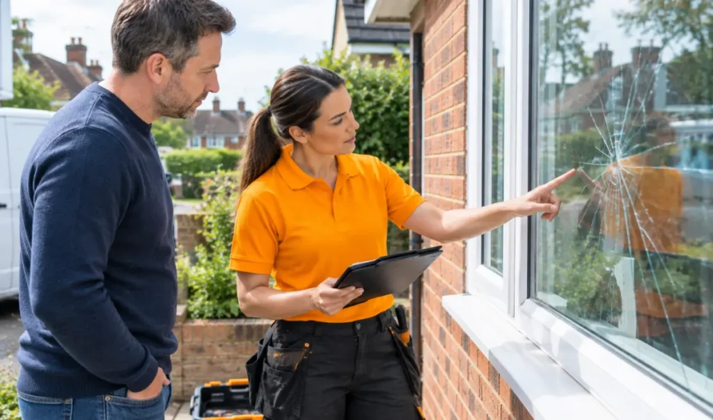 Professional glazier repairing a UPVC window at a Southampton home UK
