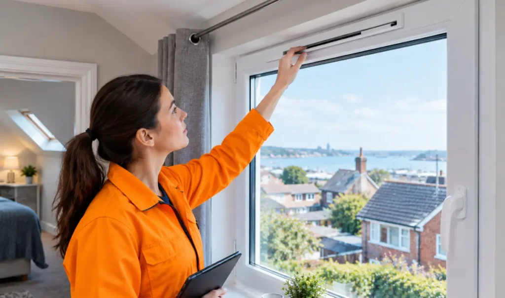 Female technician inspecting an open trickle vent on a UPVC window to improve ventilation in Southampton