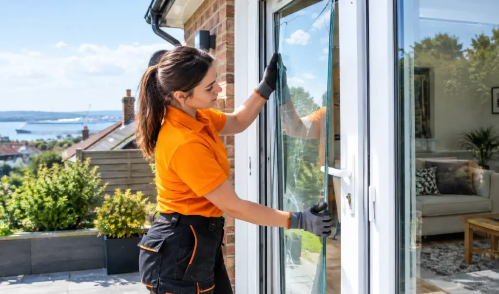 Female glazing technician fitting a new glass panel into a UPVC door in Southampton UK