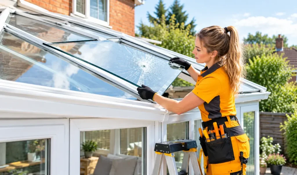 Glazier fitting a replacement glass panel into a modern conservatory roof during a professional repair