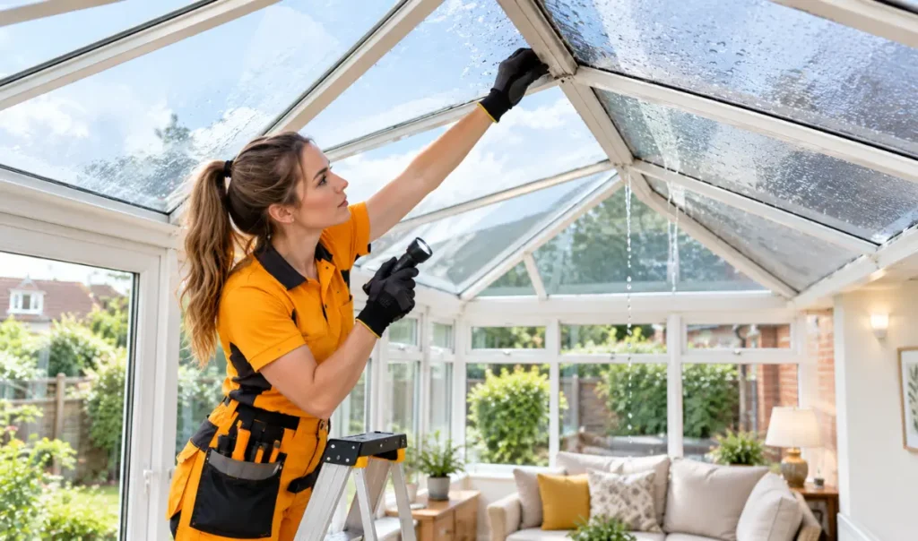 Professional technician repairing a conservatory roof glazing panel on a Southampton home