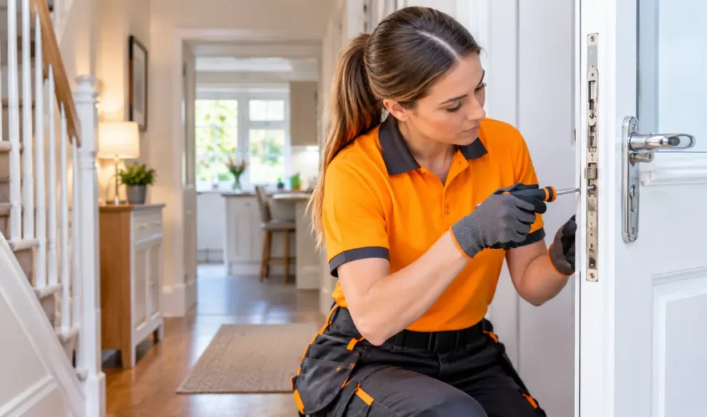 Female technician repairing two separate locks on a modern front entrance door