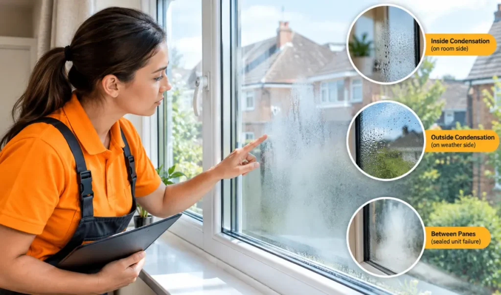 Window technician examining a condensation affected double glazed window