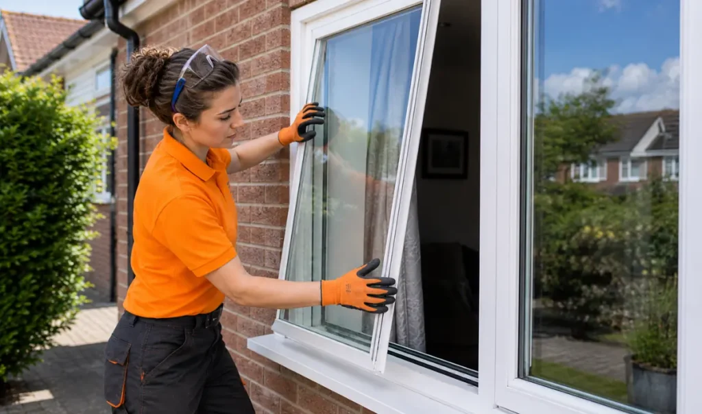 Glazing technician replacing a double glazed window pane at a Southampton home
