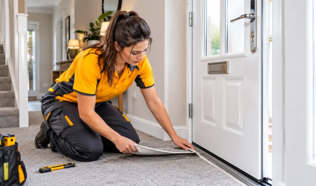 Technician examining the bottom clearance of a white uPVC entrance door after a flooring change
