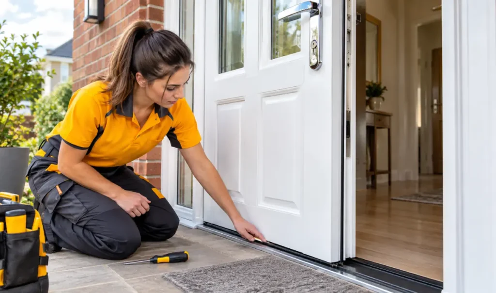 Repair technician lifting hallway carpet to adjust its position beneath a uPVC door threshold