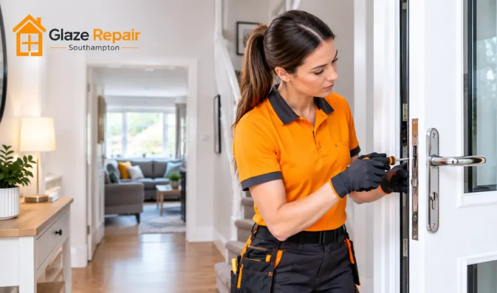 Technician servicing a stiff UPVC door lock inside a residential hallway