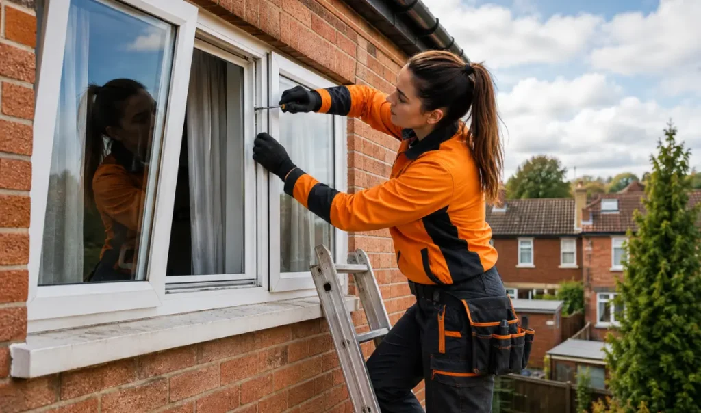 Landlord or tenant window repair service shown with a technician repairing an upper floor window