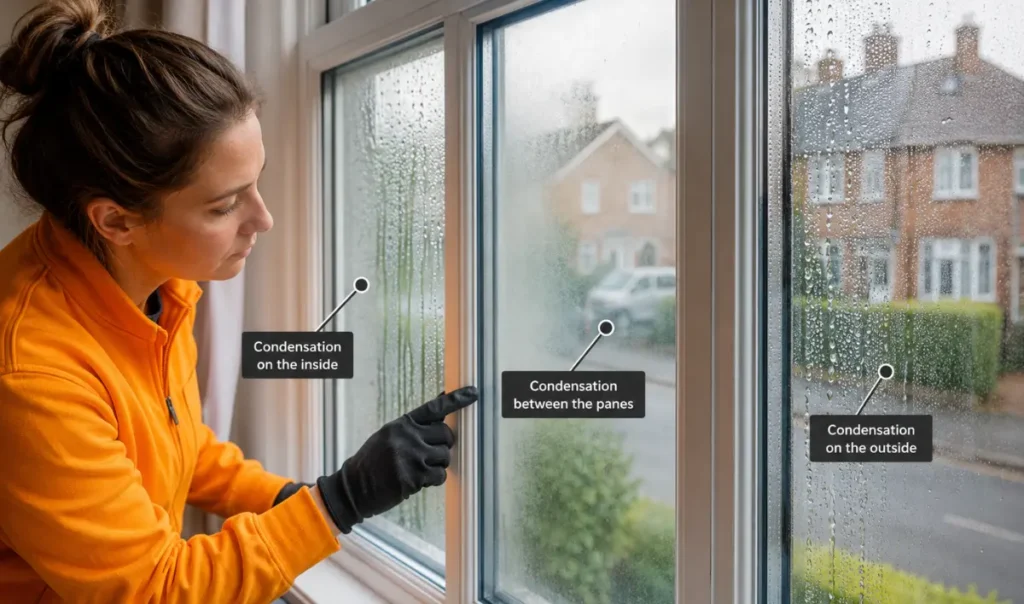 Glazing technician checking a misted double glazed window with moisture visible on the glass in Southampton