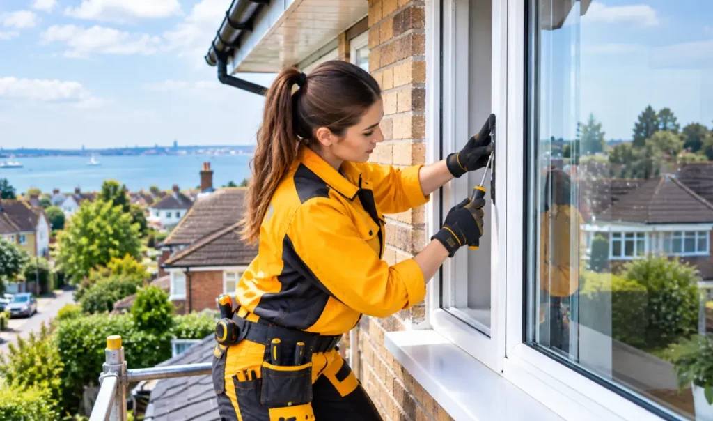 Female window repair specialist fixing a double glazed frame affected by rainwater entering the interior sill in Southampton