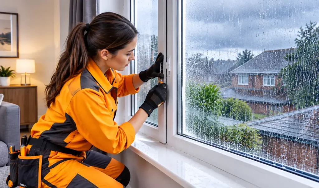 Glazing technician inspecting water on a windowsill after heavy rain in a Southampton home