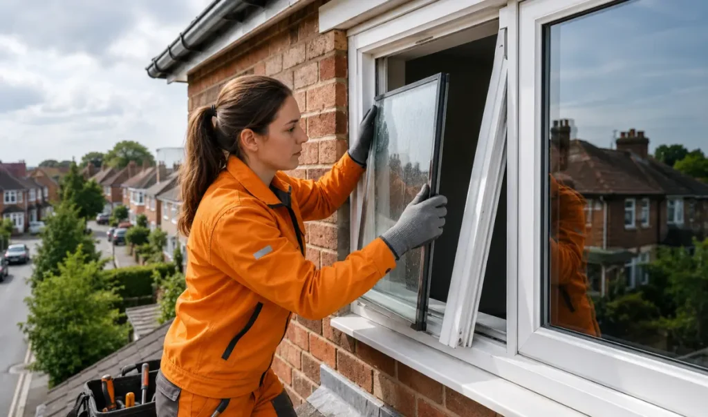 Glazier fitting a replacement sealed double glazed unit into an upstairs window in Southampton