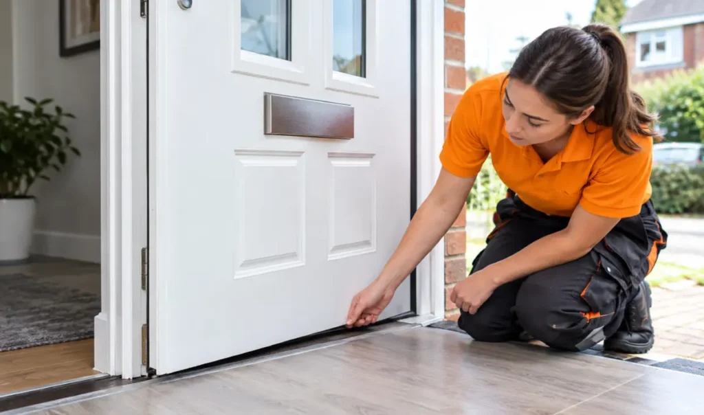 Female glazing technician checking a UPVC front door catching on new flooring in Southampton