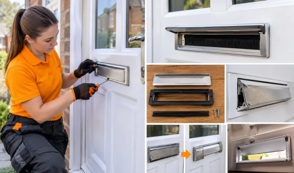 Female window repair technician inspecting misted double glazing in a Southampton living room UK