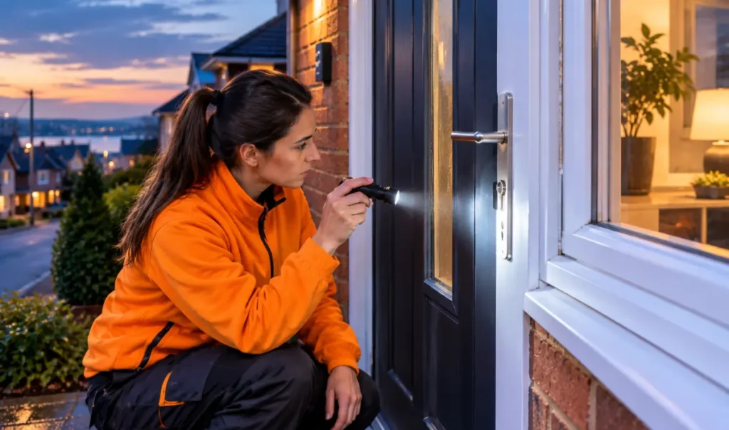 technician inspecting a cracked second floor window in Southampton