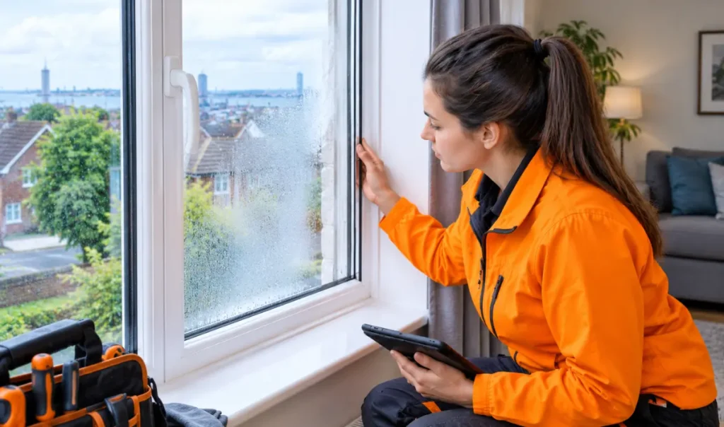 Female window repair technician checking condensation between double glazed panes in a Southampton home UK.