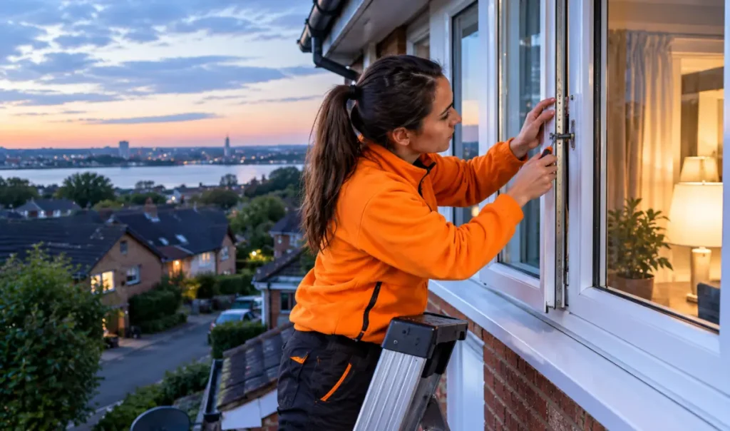technician inspecting a misted double glazed window in Southampton,