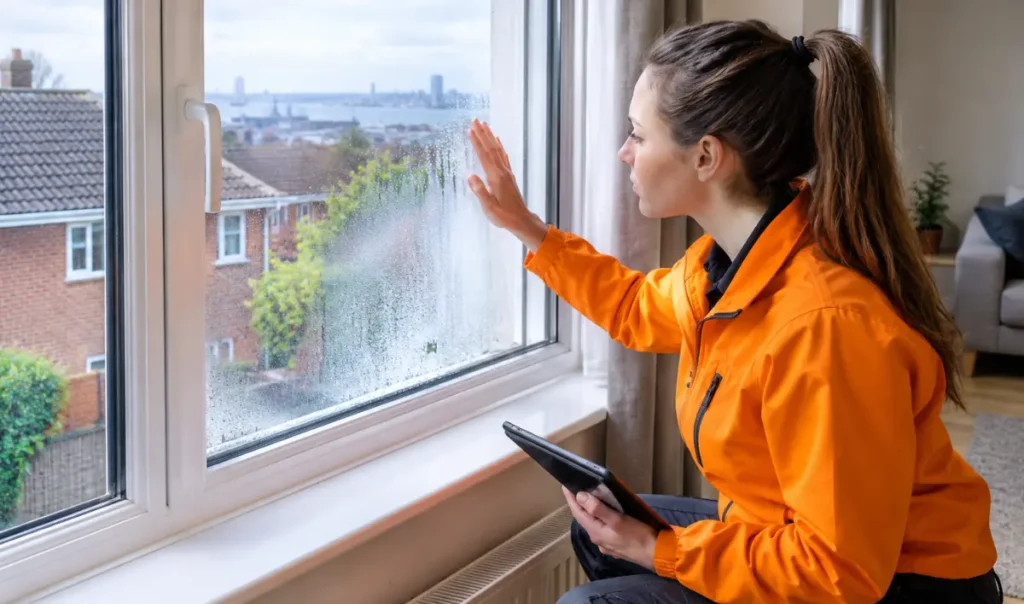 Female glazing technician inspecting a misted double glazed window inside a Southampton rental property UK.