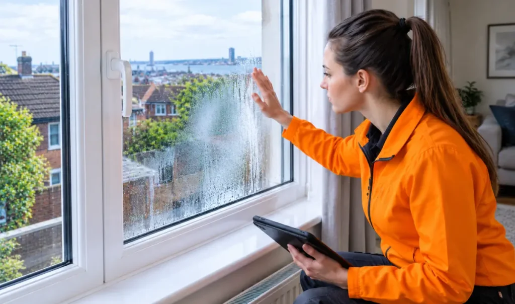 Female glazing repair technician inspecting a faulty uPVC window frame in a Southampton rental home UK.