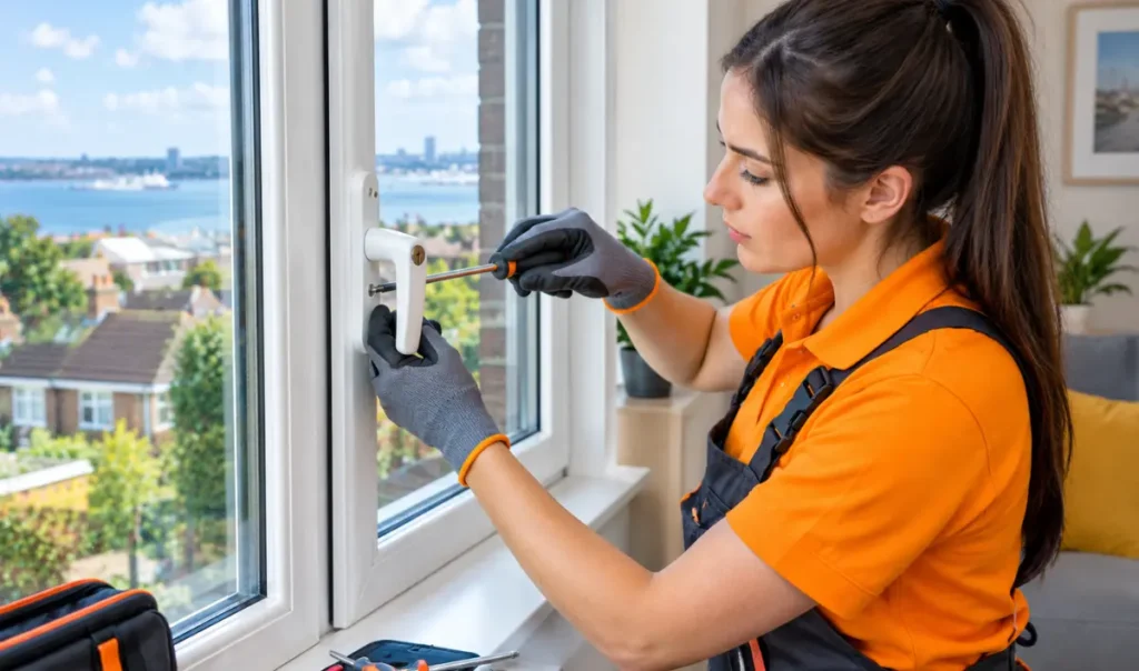 glazing technician repairing a white UPVC window handle inside a bright Southampton home