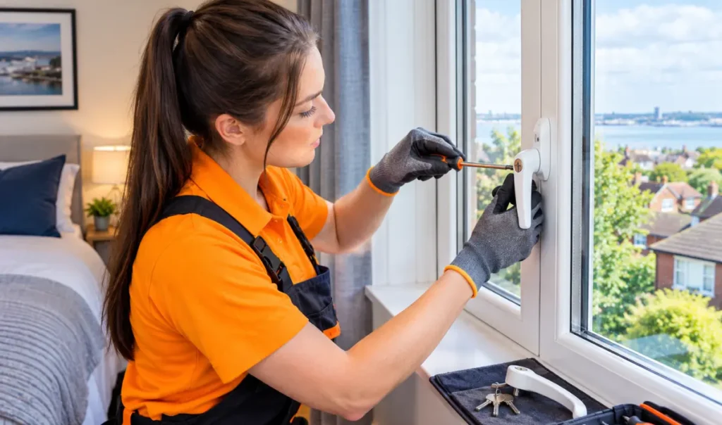 Female glazing technician replacing a white UPVC window locking handle inside a bright Southampton home with coastal views, UK