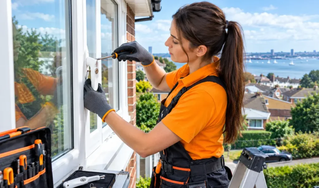 Female glazing technician repairing a white UPVC window handle outside an upper floor home overlooking a Southampton coastal neighbourhood,