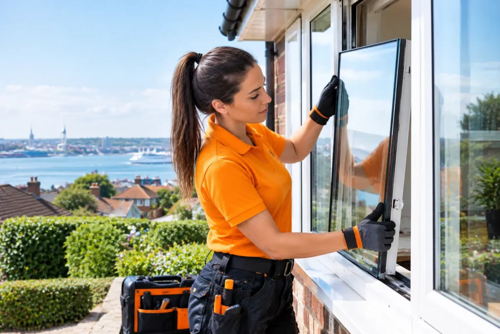 Female glazing technician fitting replacement double glazed door glass at a modern residential property in Southampton,