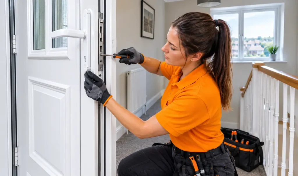 Female technician repairing the locking mechanism of an upstairs UPVC door inside a Southampton home, UK.
