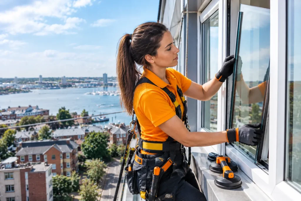 Female glazing technician repairing an upper-floor double glazed window at a residential property in Southampton,